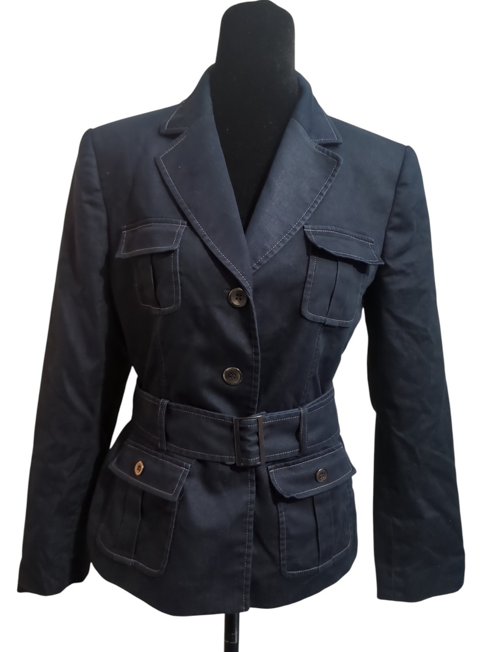 Belted Navy Utility Jacket with Flap Pockets